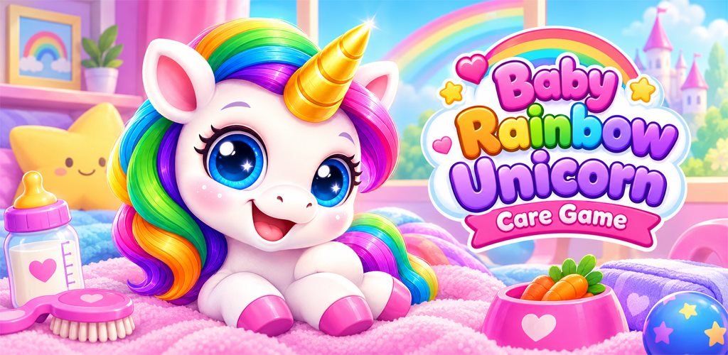 Cover artwork of Baby Rainbow Unicorn Care Game, showing a smiling baby unicorn with a rainbow mane next to a baby bottle and the game title