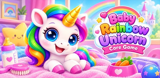 Cover artwork of Baby Rainbow Unicorn Care Game, showing a smiling baby unicorn with a rainbow mane next to a baby bottle and the game title