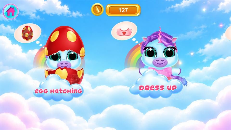 Screenshot 2 of Baby Rainbow Unicorn Care Game: two eggs on clouds labelled Egg Hatching and Dress Up
