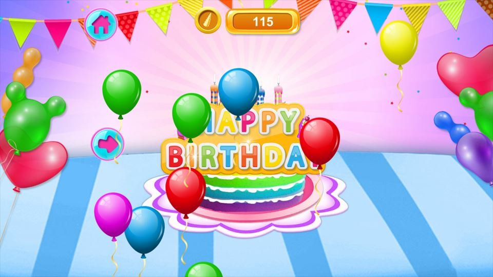 Screenshot 3 of Baby Rainbow Unicorn Care Game: a birthday cake with balloons and the words Happy Birthday