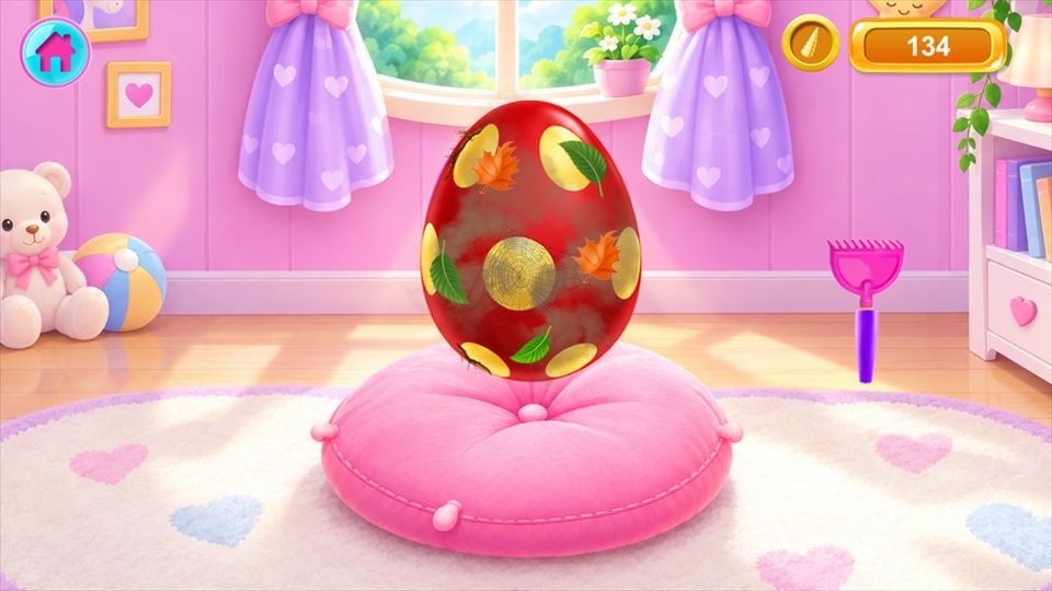 Screenshot 5 of Baby Rainbow Unicorn Care Game: a red spotted egg on a pink cushion in a pink bedroom