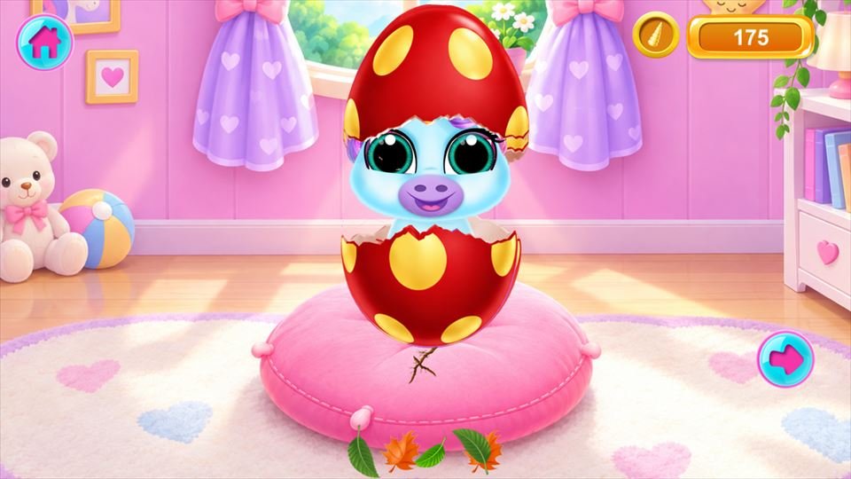 Screenshot 6 of Baby Rainbow Unicorn Care Game: a baby unicorn hatching from a red spotted egg