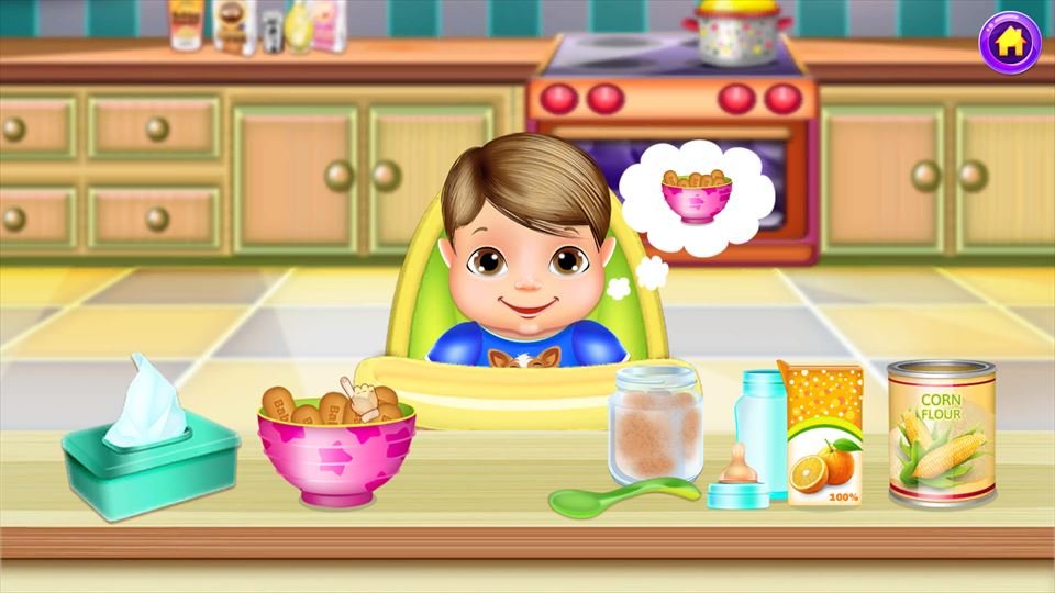 Screenshot 3 of BabySitter : My Baby Care: a baby in a high chair in a kitchen with food on the table