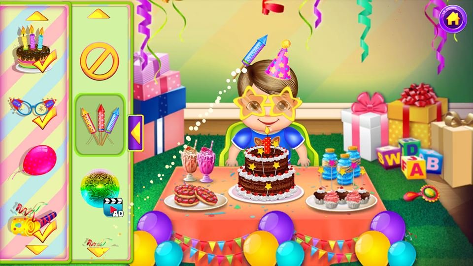 Screenshot 5 of BabySitter : My Baby Care: a baby at a birthday table with a cake and gifts