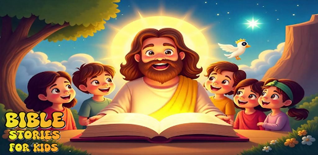 Cover artwork of Bible Stories for Kids, showing a smiling bearded man with a halo reading a glowing book to a group of children, and the title Bible Stories for Kids