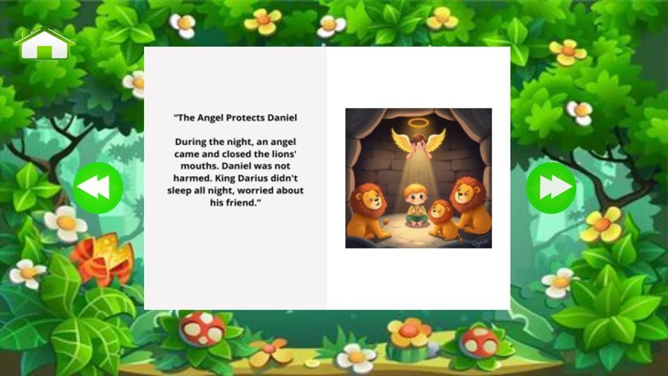 Screenshot 1 of Bible Stories for Kids: the story page The Angel Protects Daniel, with an illustration and text on a leafy background