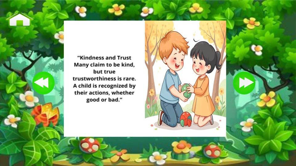 Screenshot 2 of Bible Stories for Kids: the story page Kindness and Trust, with an illustration and text on a leafy background