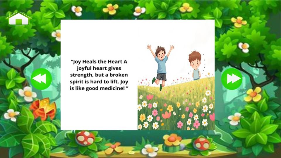 Screenshot 3 of Bible Stories for Kids: the story page Joy Heals the Heart, with an illustration and text on a leafy background