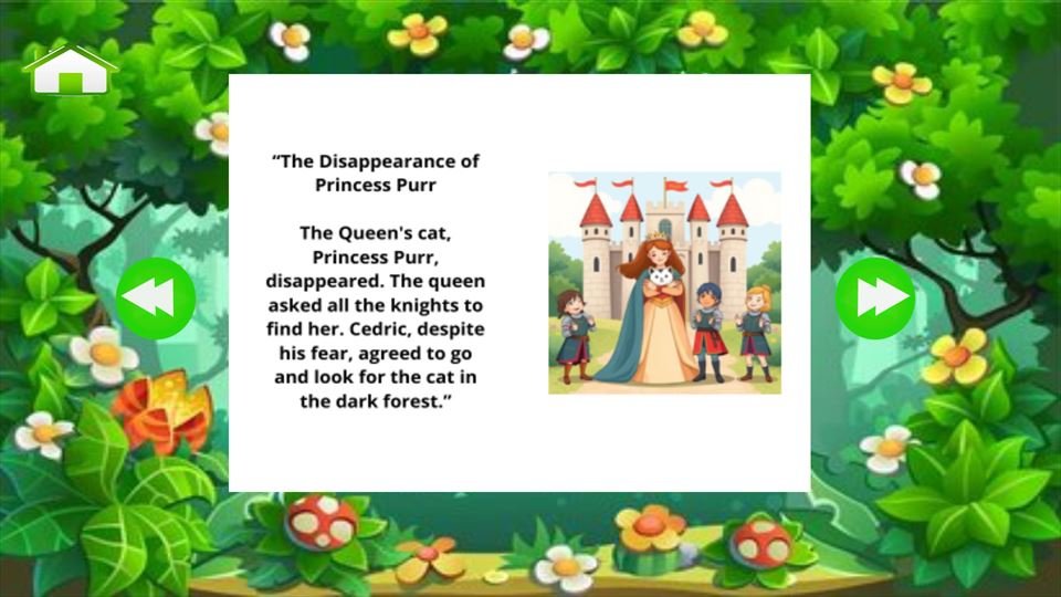 Screenshot 4 of Bible Stories for Kids: the story page The Disappearance of Princess Purr, with an illustration and text on a leafy background