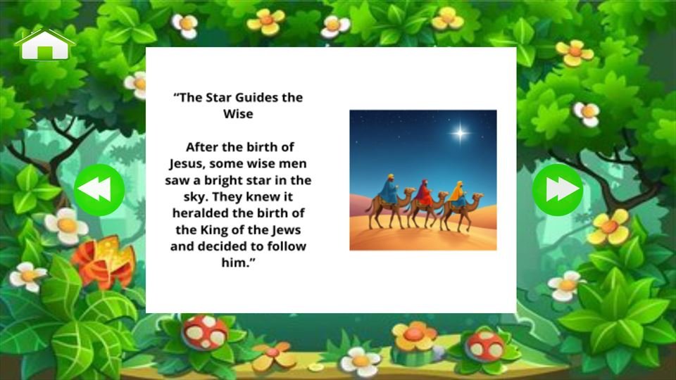 Screenshot 5 of Bible Stories for Kids: the story page The Star Guides the Wise, with an illustration and text on a leafy background