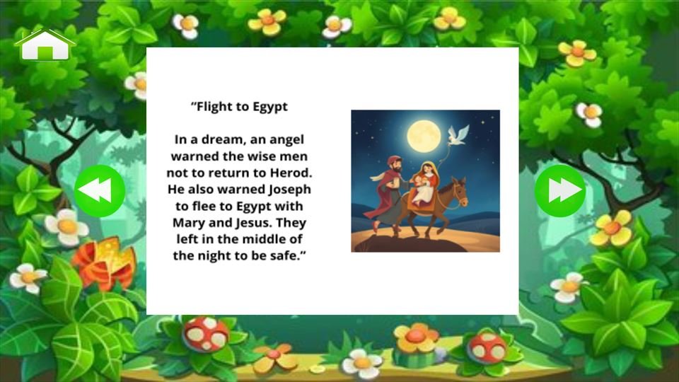 Screenshot 6 of Bible Stories for Kids: the story page Flight to Egypt, with an illustration and text on a leafy background