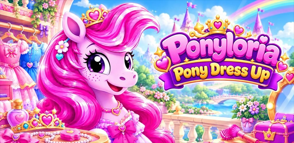 Cover artwork of Ponyloria: Pony Dress Up, showing a smiling pink pony with a golden tiara in a fashion room next to the title Ponyloria: Pony Dress Up