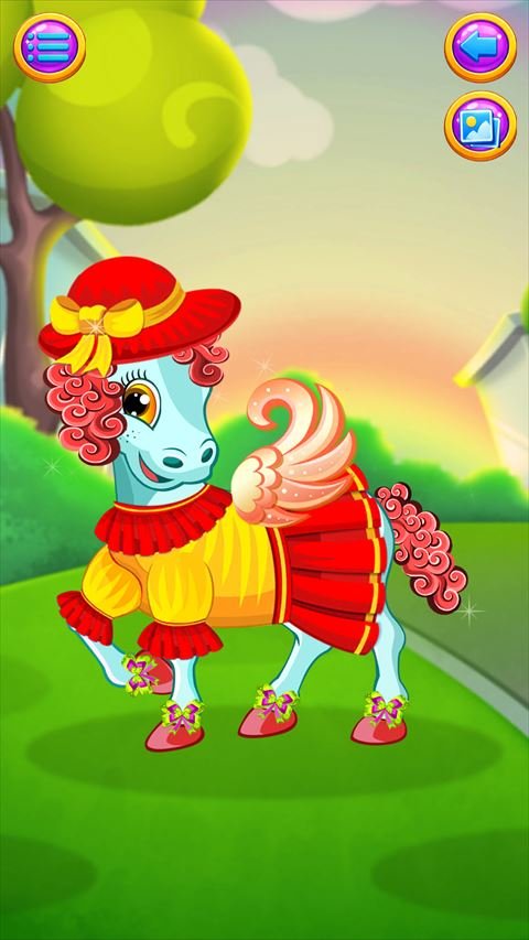 Screenshot 1 of Ponyloria: Pony Dress Up: a pony with a red hat and a red and yellow dress on a green meadow