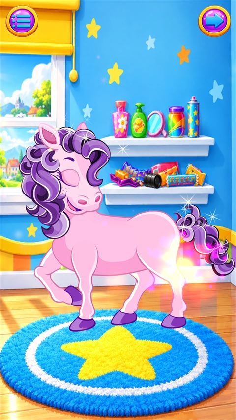 Screenshot 2 of Ponyloria: Pony Dress Up: a pink pony with a purple mane standing on a blue star rug in a bright room