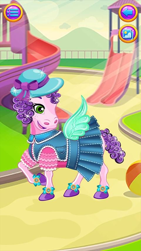 Screenshot 3 of Ponyloria: Pony Dress Up: a pink pony with a teal hat and a blue dress in a playground